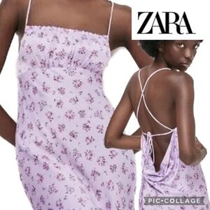 Zara Floral Print Satin Effect Slip Light Mauve Dress Backless Crisscross Size M
